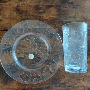 Princess House Crystal Glass Plate & Tumbler Set "Santa Cookies & Milk"